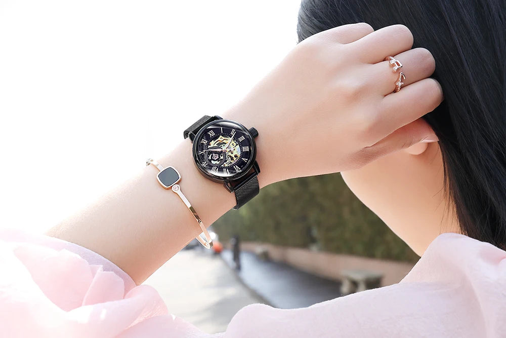 Orologio Automatico Da Donna Orkina Scheletrato Nero Con Cinturino Rete In Acciaio Inossidabile Lusso Per Affari