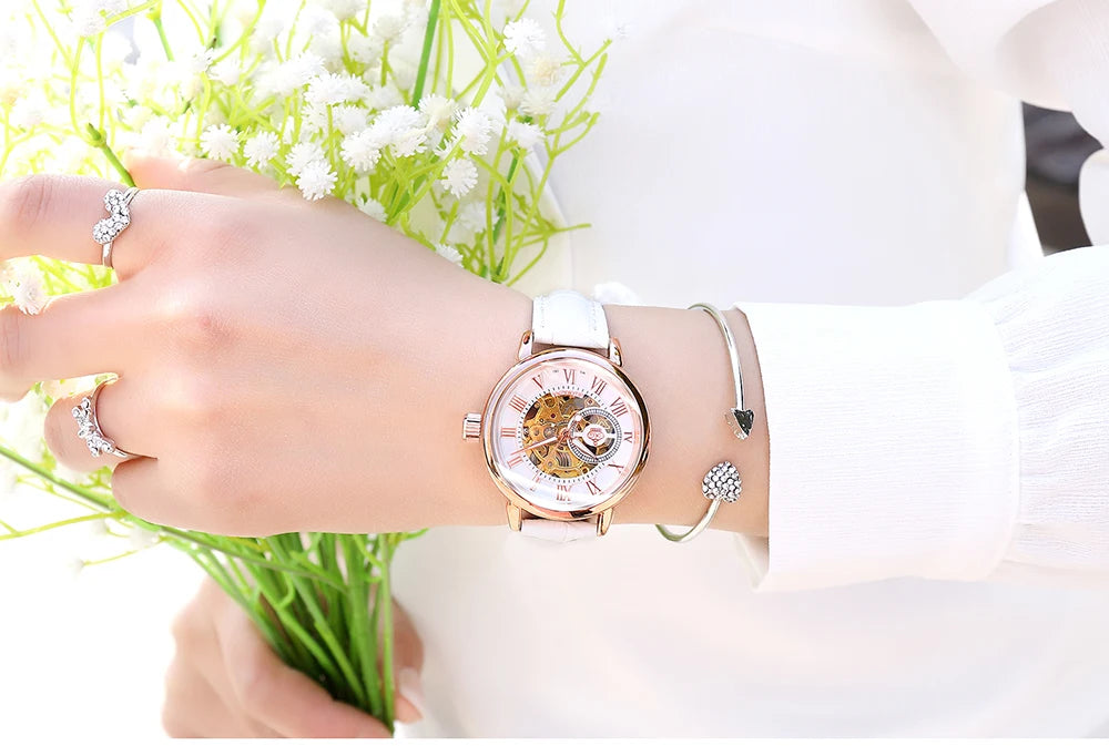 Orologio Meccanico Automatico Da Donna Orkina Classico Scheletrato Lusso Cinturino In Acciaio Inossidabile E Pelle