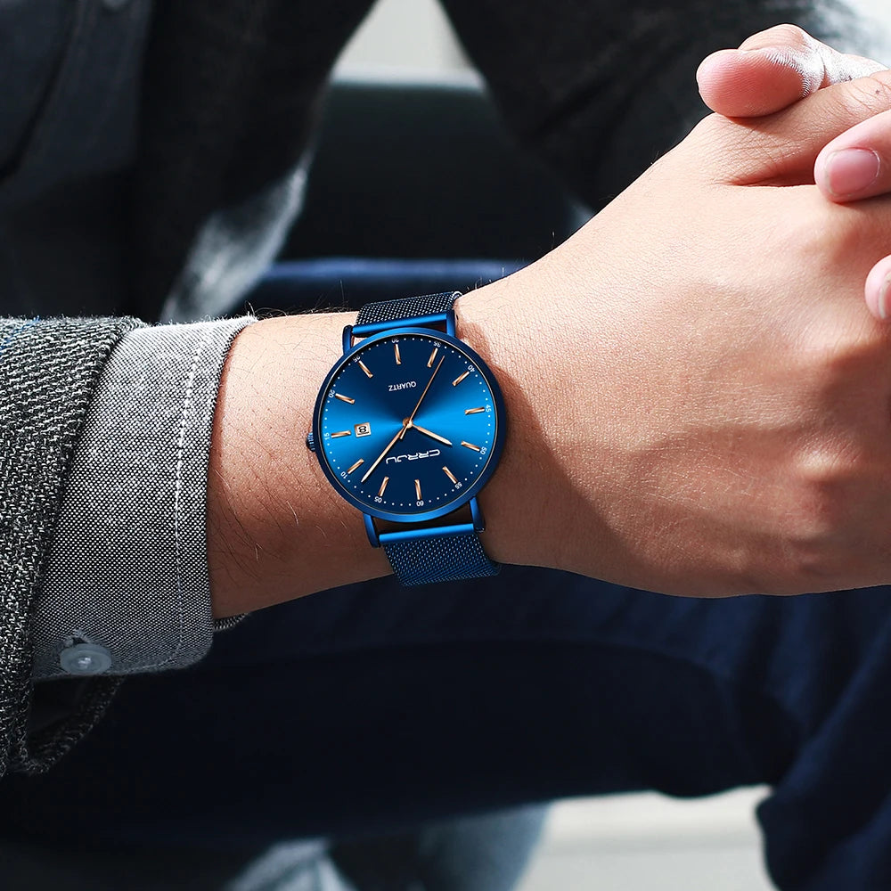 Orologio Da Uomo CRRJU Di Lusso Blu Impermeabile Sottile Ed Elegante Orologio Al Quarzo Casual Con Cinturino In Maglia