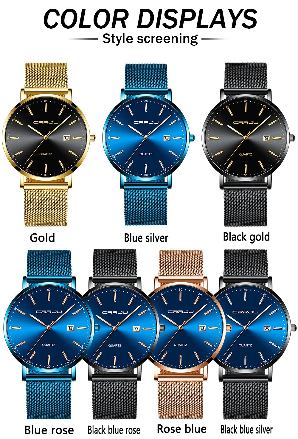 Orologio Da Uomo CRRJU Di Lusso Blu Impermeabile Sottile Ed Elegante Orologio Al Quarzo Casual Con Cinturino In Maglia