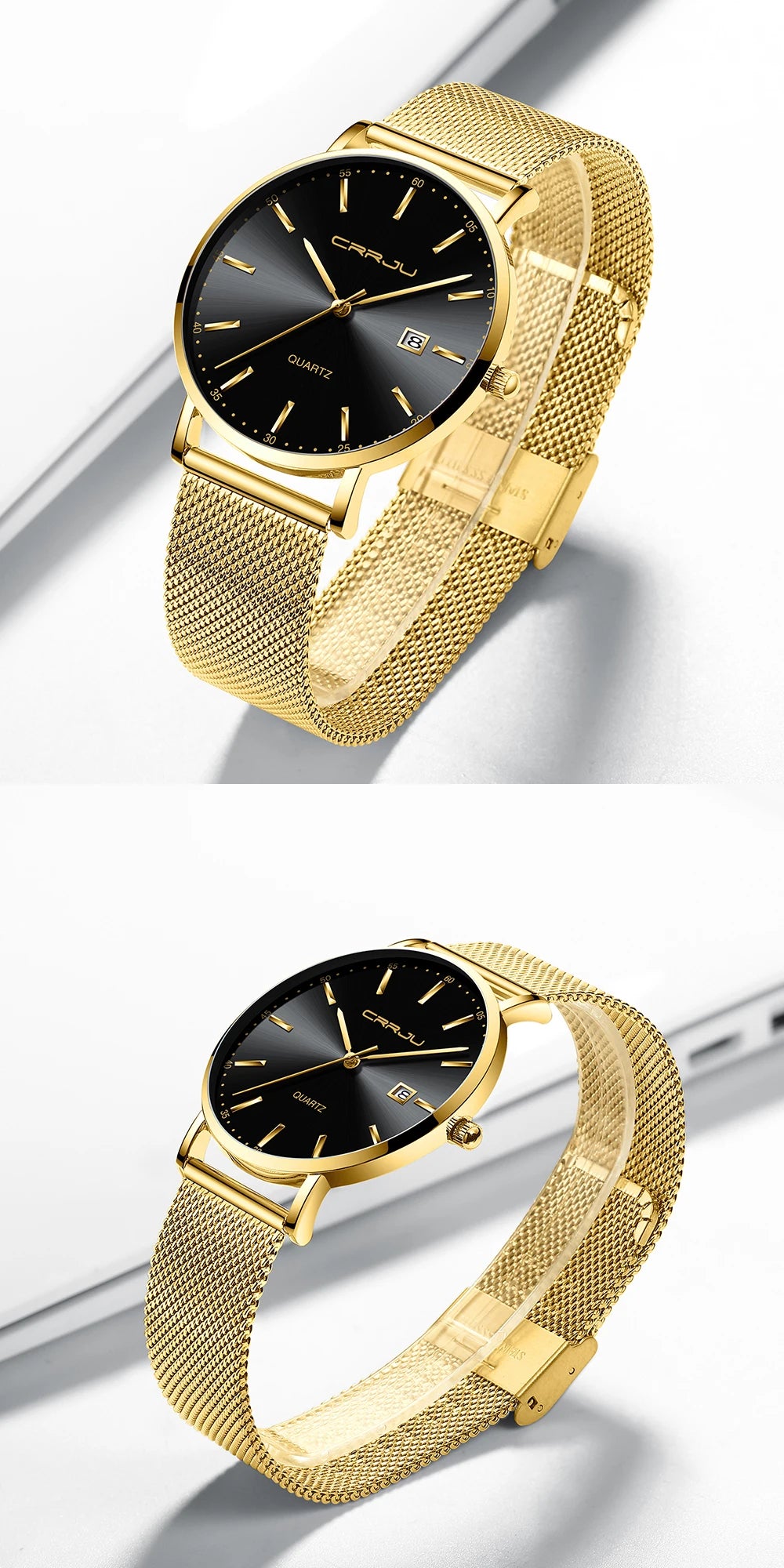 Orologio Da Uomo CRRJU Di Lusso Blu Impermeabile Sottile Ed Elegante Orologio Al Quarzo Casual Con Cinturino In Maglia