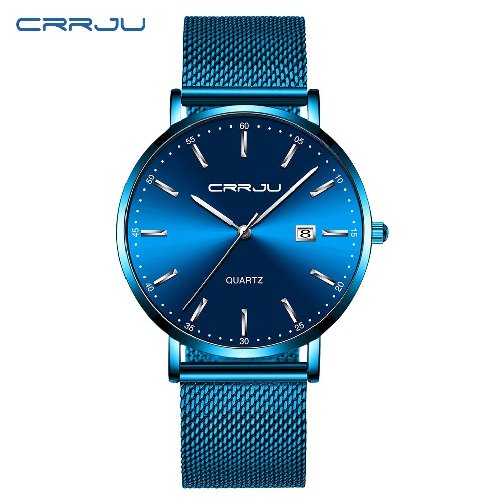 Orologio Da Uomo CRRJU Di Lusso Blu Impermeabile Sottile Ed Elegante Orologio Al Quarzo Casual Con Cinturino In Maglia