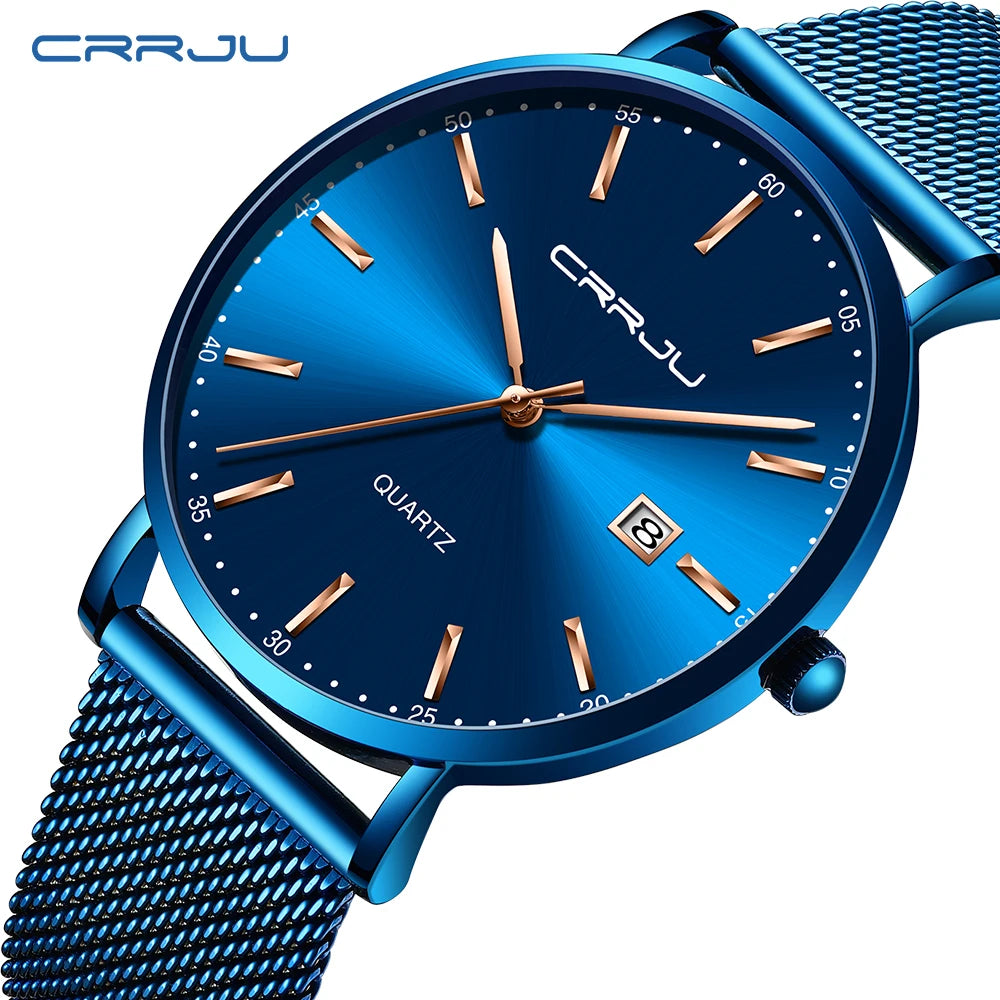 Orologio Da Uomo CRRJU Di Lusso Blu Impermeabile Sottile Ed Elegante Orologio Al Quarzo Casual Con Cinturino In Maglia
