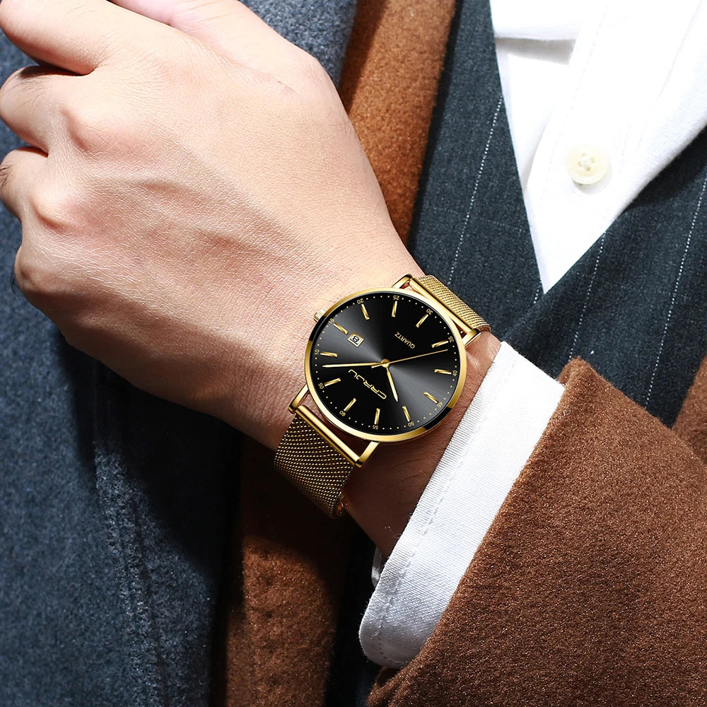 Orologio Da Uomo CRRJU Di Lusso Blu Impermeabile Sottile Ed Elegante Orologio Al Quarzo Casual Con Cinturino In Maglia
