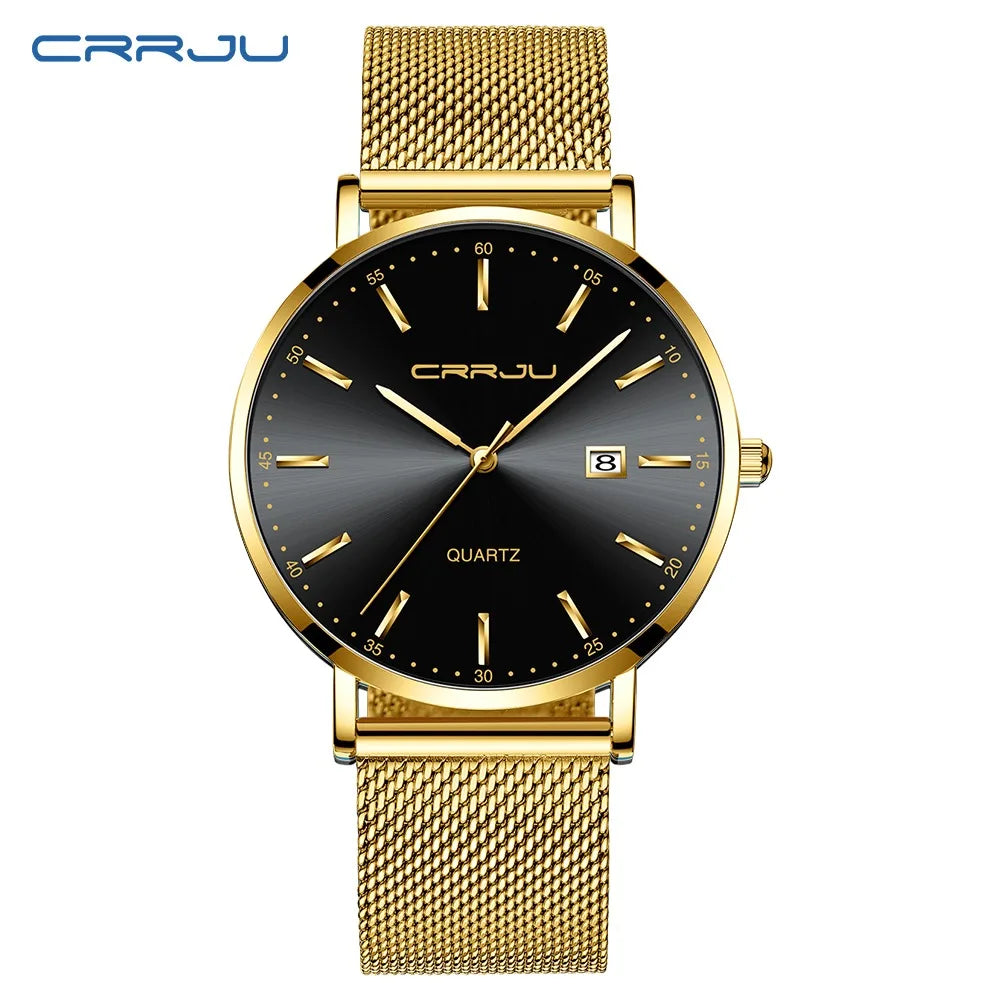Orologio Da Uomo CRRJU Di Lusso Blu Impermeabile Sottile Ed Elegante Orologio Al Quarzo Casual Con Cinturino In Maglia
