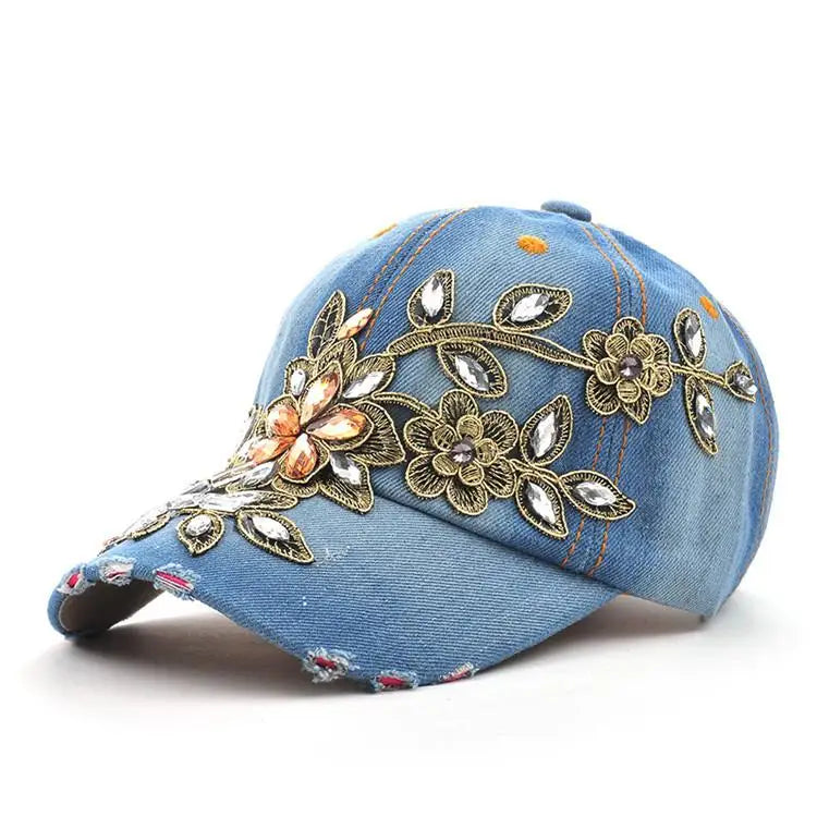 Berretto Da Baseball Da Donna Con Pittura Con Diamanti E Fiore Ricamato In Denim Snapback Estivo Cappello Da Sole