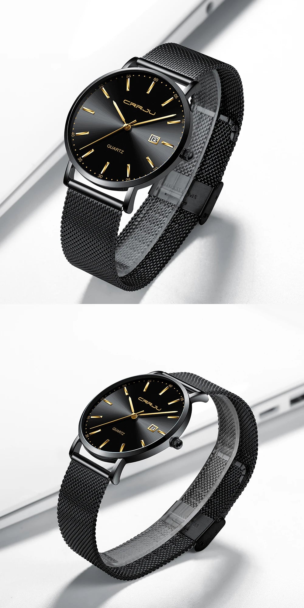 Orologio Da Uomo CRRJU Di Lusso Blu Impermeabile Sottile Ed Elegante Orologio Al Quarzo Casual Con Cinturino In Maglia