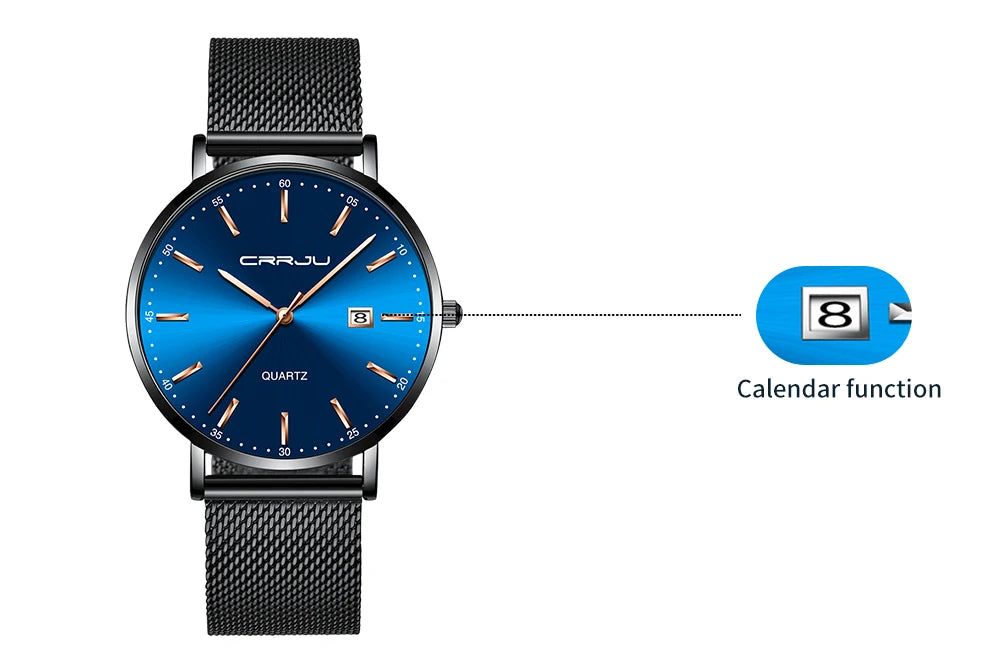 Orologio Da Uomo CRRJU Di Lusso Blu Impermeabile Sottile Ed Elegante Orologio Al Quarzo Casual Con Cinturino In Maglia
