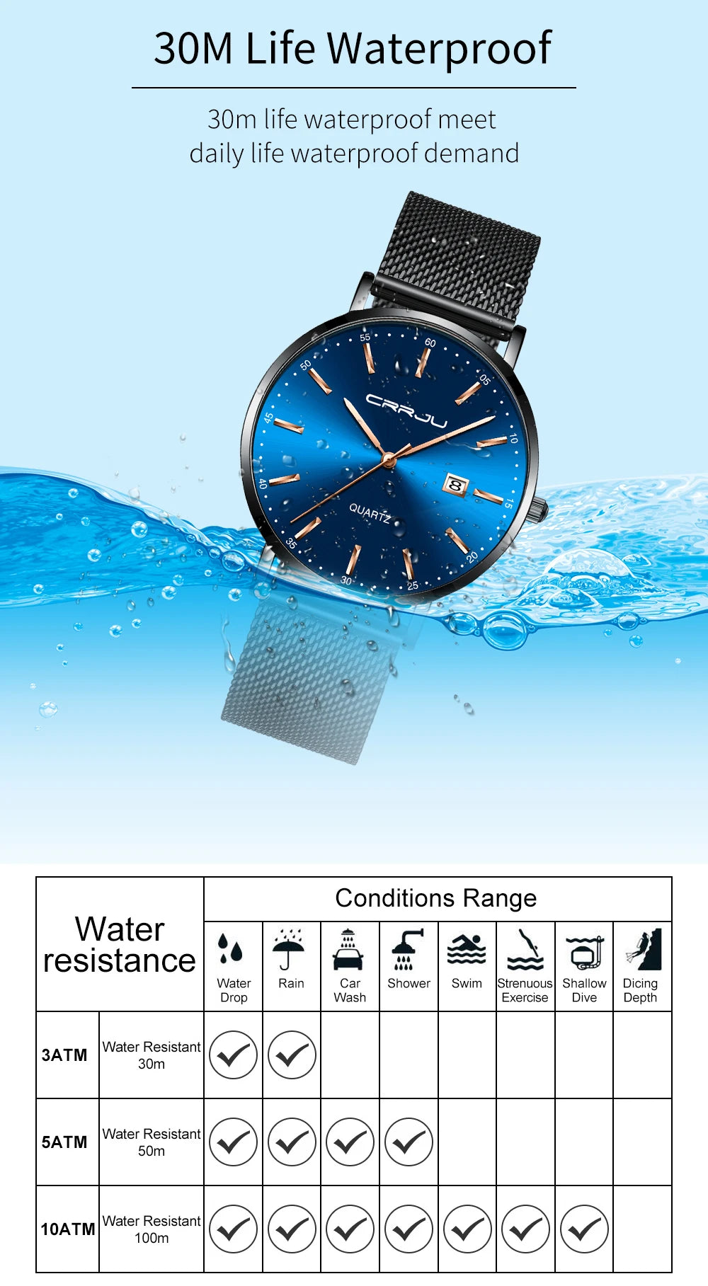 Orologio Da Uomo CRRJU Di Lusso Blu Impermeabile Sottile Ed Elegante Orologio Al Quarzo Casual Con Cinturino In Maglia