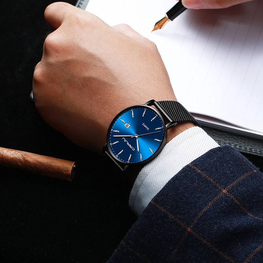 Orologio Da Uomo CRRJU Di Lusso Blu Impermeabile Sottile Ed Elegante Orologio Al Quarzo Casual Con Cinturino In Maglia