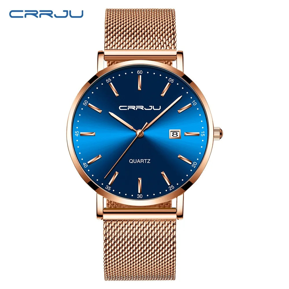 Orologio Da Uomo CRRJU Di Lusso Blu Impermeabile Sottile Ed Elegante Orologio Al Quarzo Casual Con Cinturino In Maglia