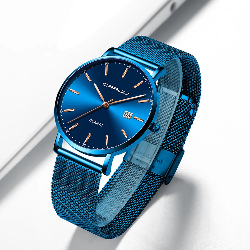 Orologio Da Uomo CRRJU Di Lusso Blu Impermeabile Sottile Ed Elegante Orologio Al Quarzo Casual Con Cinturino In Maglia