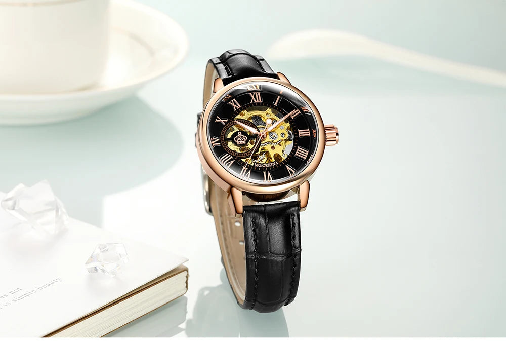 Orologio Meccanico Automatico Da Donna Orkina Classico Scheletrato Lusso Cinturino In Acciaio Inossidabile E Pelle