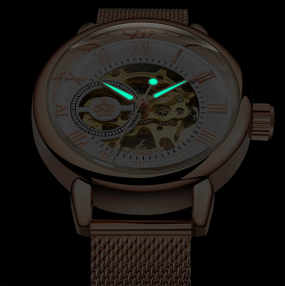 Orologio Automatico Da Donna Orkina Scheletrato Nero Con Cinturino Rete In Acciaio Inossidabile Lusso Per Affari