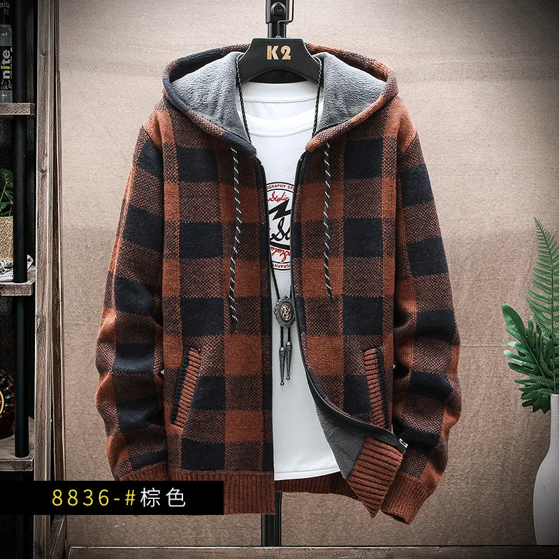Nuovo Maglione Scozzese Invernale Da Uomo Cardigan Con Cappuccio Cerniera Giacca In Lana Calda Autunno In Pile Quadretti