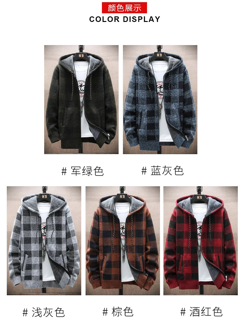 Nuovo Maglione Scozzese Invernale Da Uomo Cardigan Con Cappuccio Cerniera Giacca In Lana Calda Autunno In Pile Quadretti