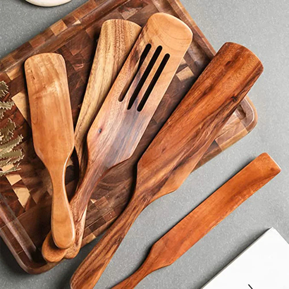 Set Da 5 Pezzi Di Spatole Scanalate In Teak Naturale Per Mescolare Utensili Da Cucina In Legno Resistente Al Calore