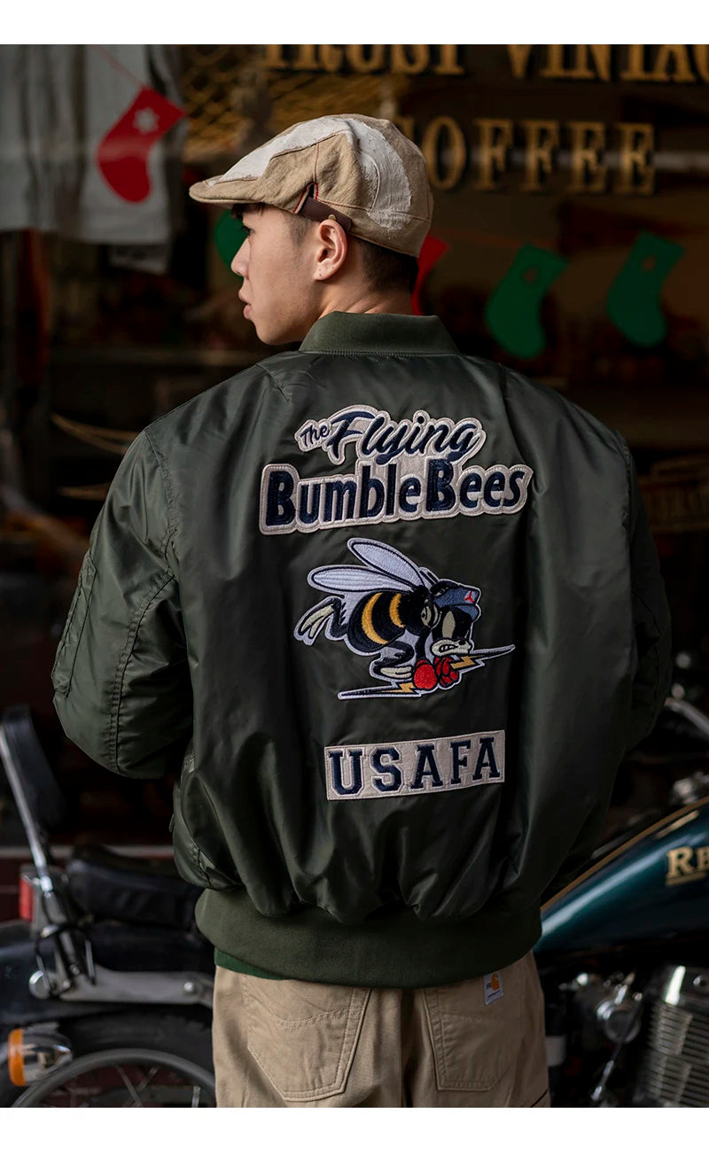 Giacca Bomber Da Uomo Invernale Con Patch Ricamato Bumble Bees Forza Aerea Pilota Calda E Imbottita