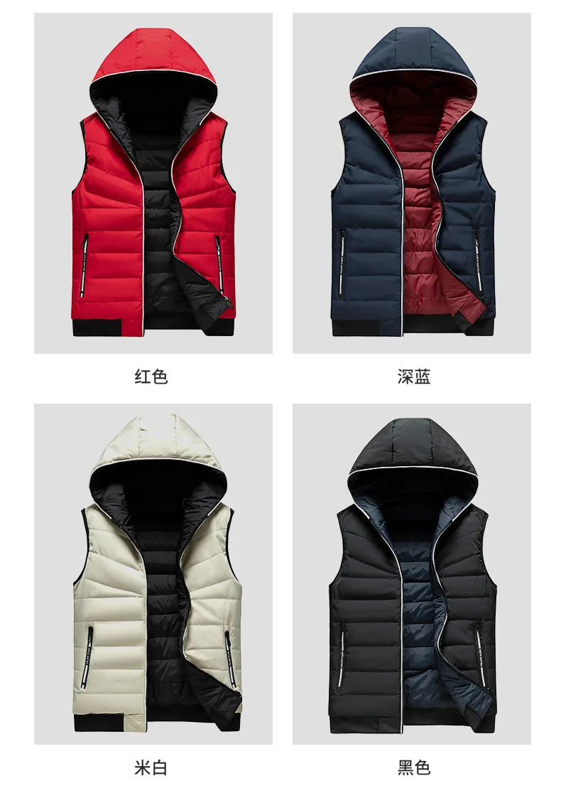 Gilet Reversibile Da Uomo Imbottito Senza Maniche In Cotone Con Cappuccio E Colletto Mandarino 2 In 1 Parka VT 276