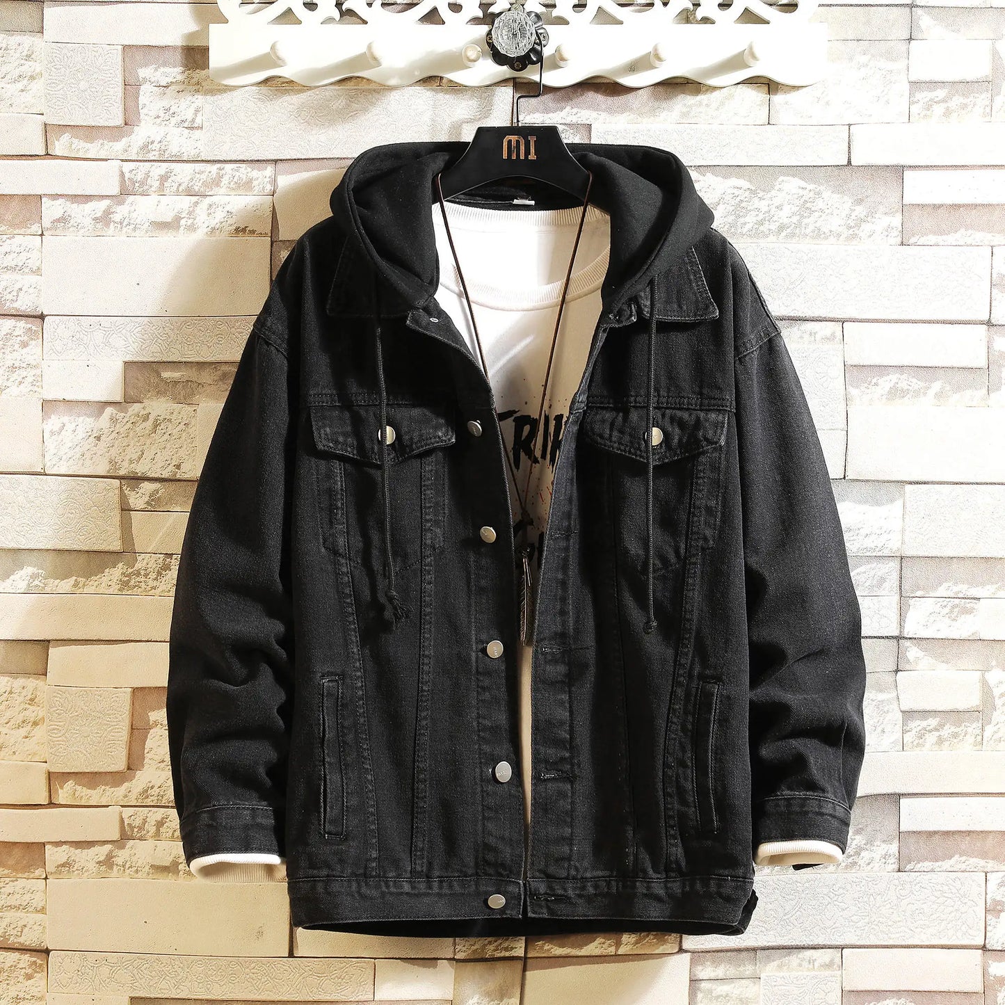 Giacca Jeans Uomo Con Cappuccio Tinta Unita Streetwear Casual Colletto Rovesciato Cappuccio Staccabile