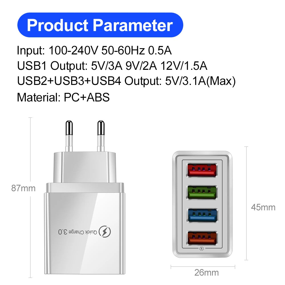 Caricatore USB 3A a 4 Porte Da Muro Con Spina EU US Integrata Per iPhone 16 Pro Ricarica Veloce