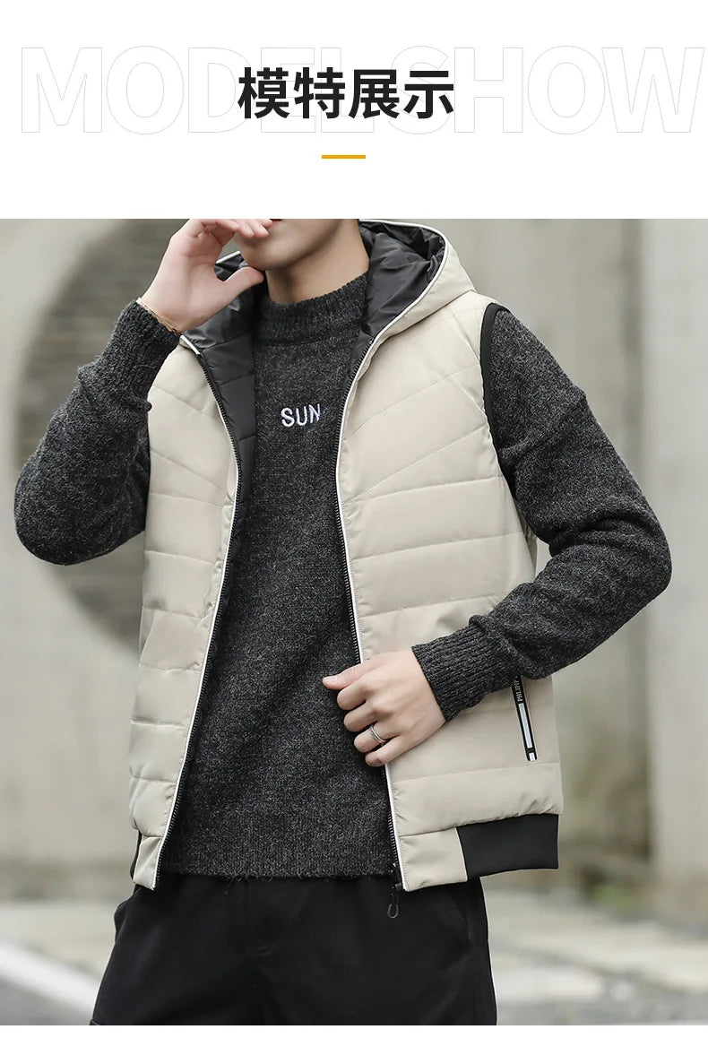 Gilet Reversibile Da Uomo Imbottito Senza Maniche In Cotone Con Cappuccio E Colletto Mandarino 2 In 1 Parka VT 276