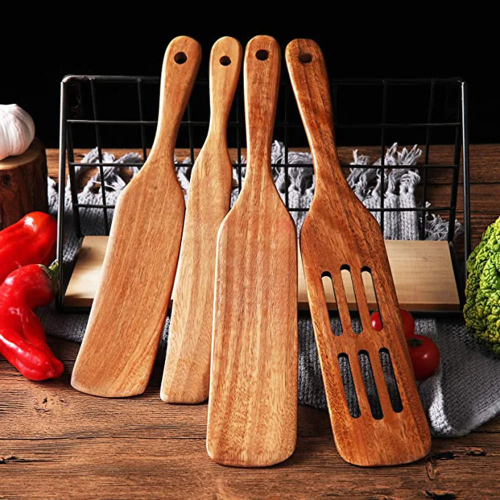 Set Da 5 Pezzi Di Spatole Scanalate In Teak Naturale Per Mescolare Utensili Da Cucina In Legno Resistente Al Calore