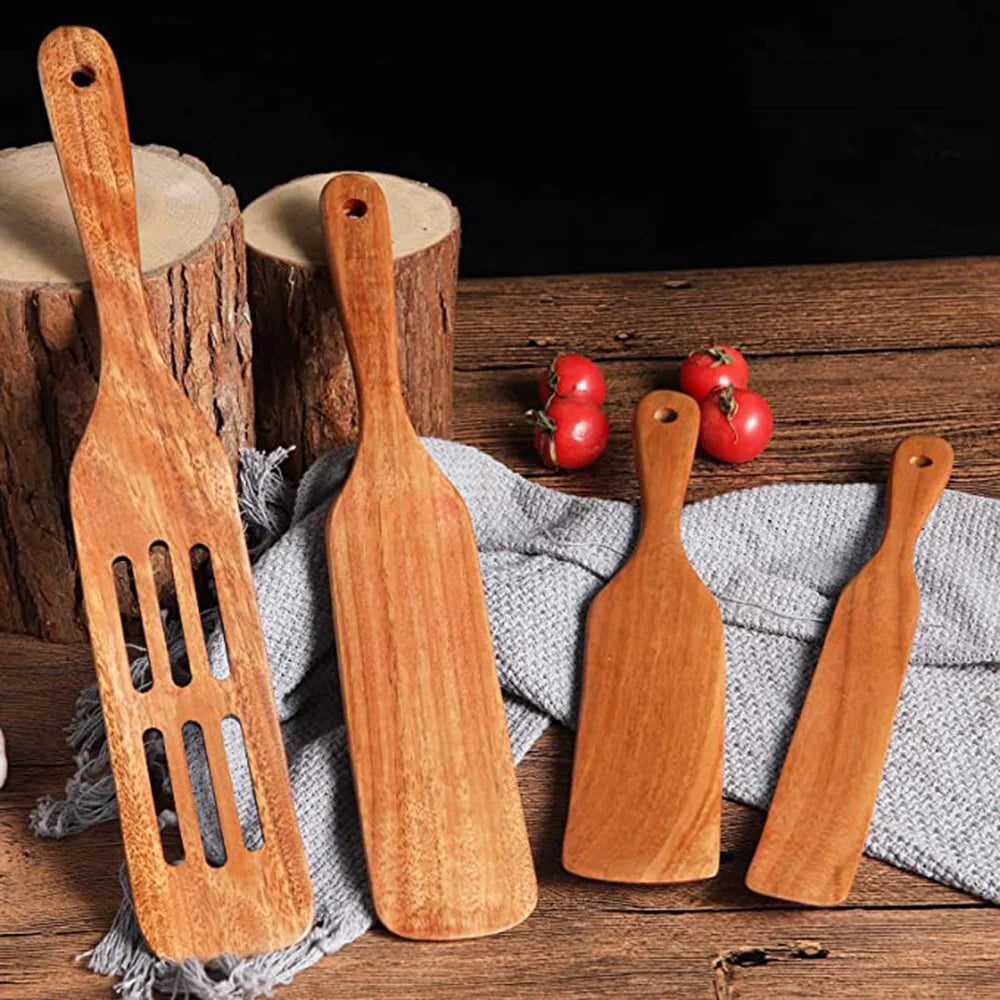 Set Da 5 Pezzi Di Spatole Scanalate In Teak Naturale Per Mescolare Utensili Da Cucina In Legno Resistente Al Calore