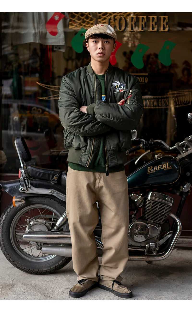 Giacca Bomber Da Uomo Invernale Con Patch Ricamato Bumble Bees Forza Aerea Pilota Calda E Imbottita