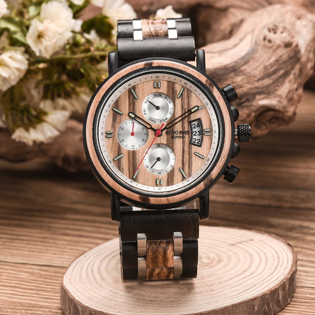 Orologio In Legno Da Uomo Cronografo Luxury Top Brand Elegante Con Scatola Di Legno Logo Personalizzato Regalo Ideale