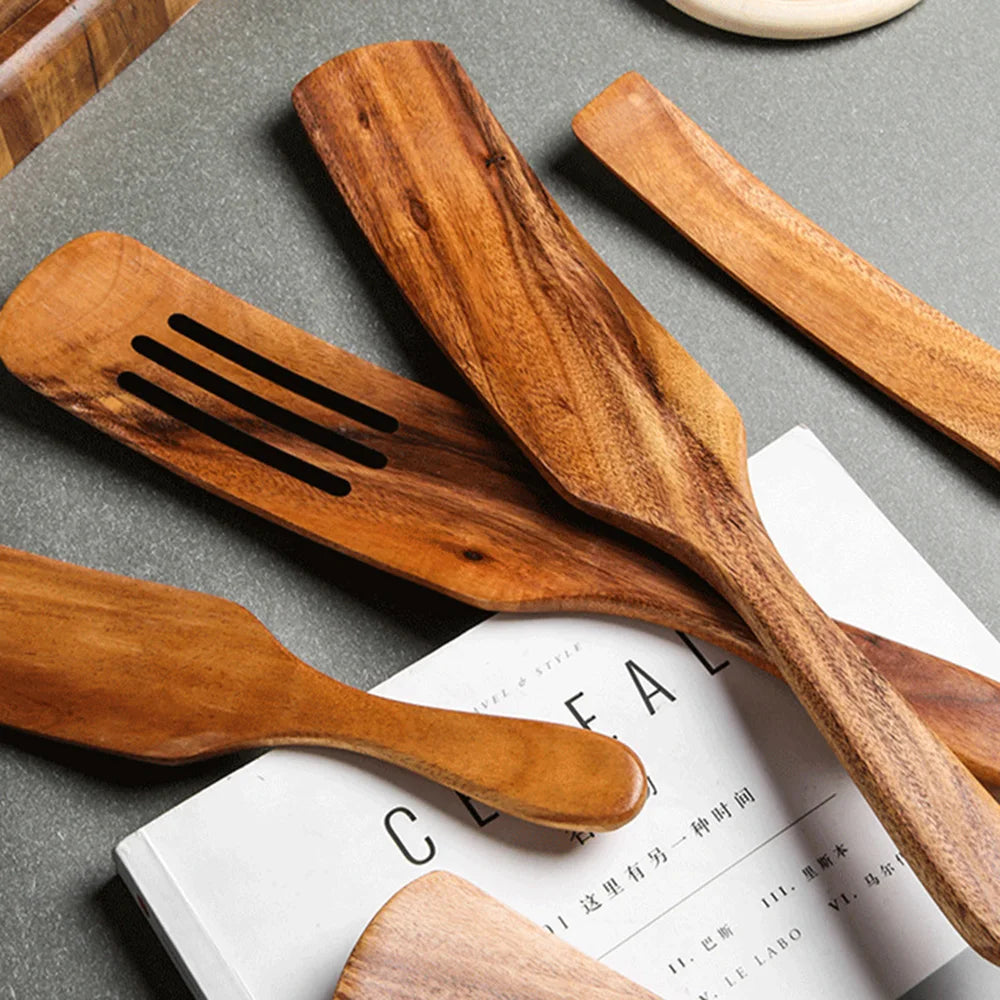 Set Da 5 Pezzi Di Spatole Scanalate In Teak Naturale Per Mescolare Utensili Da Cucina In Legno Resistente Al Calore