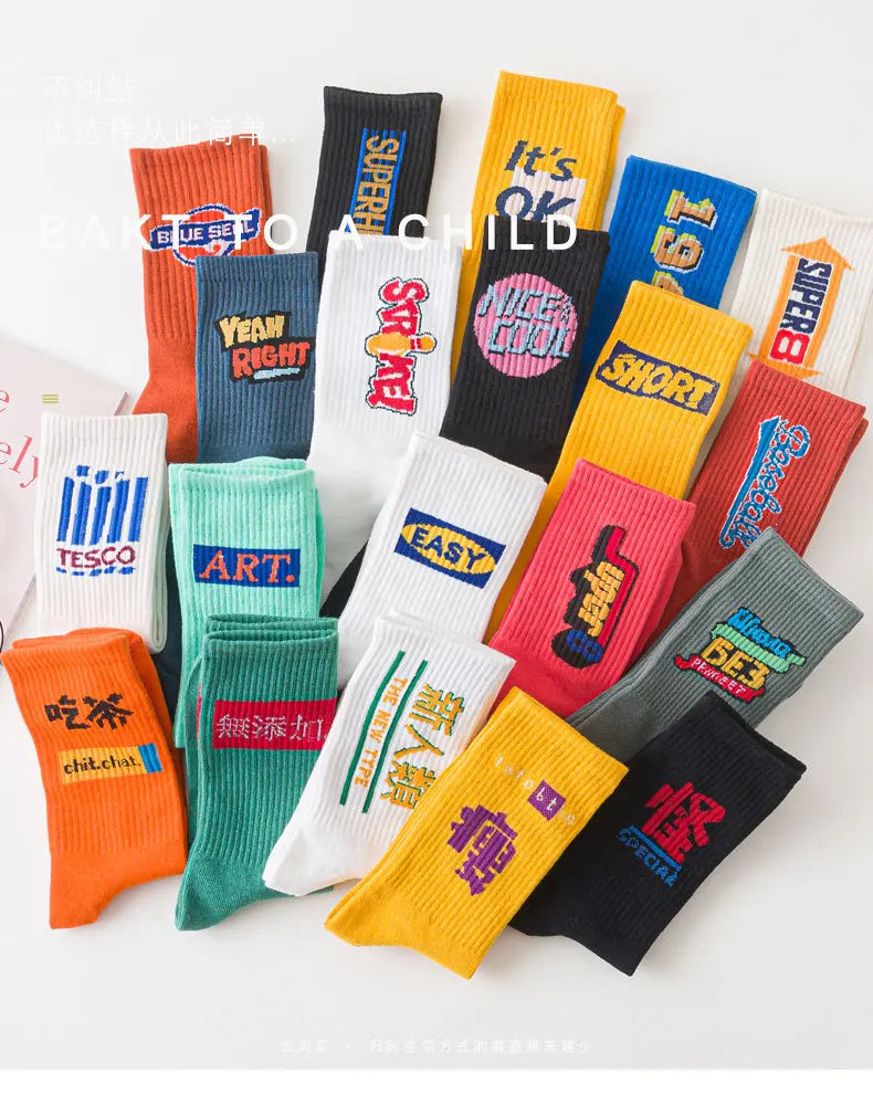 Calzini A Tubo Unisex Multicolore Traspiranti Con Alfabeti Per Sport Hip Hop Street Coppie