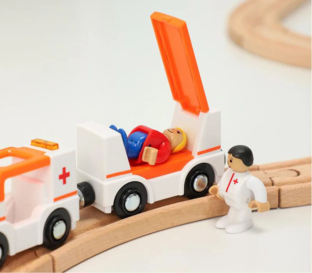 Nuovo Treno Magnetico Per Bambini Con Camion Pompieri Ambulanza Polizia Compatibile Brio In Legno