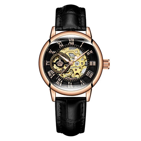 Orologio Automatico Da Donna Orkina Scheletrato Nero Con Cinturino Rete In Acciaio Inossidabile Lusso Per Affari