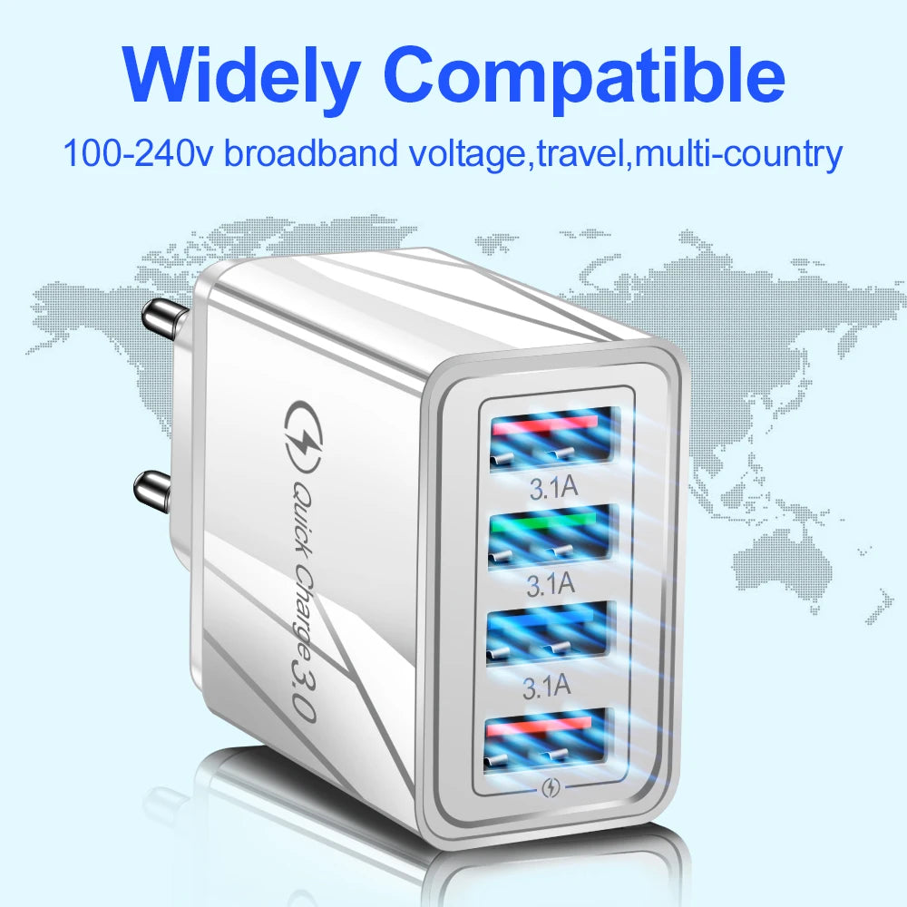 Caricatore USB 3A a 4 Porte Da Muro Con Spina EU US Integrata Per iPhone 16 Pro Ricarica Veloce