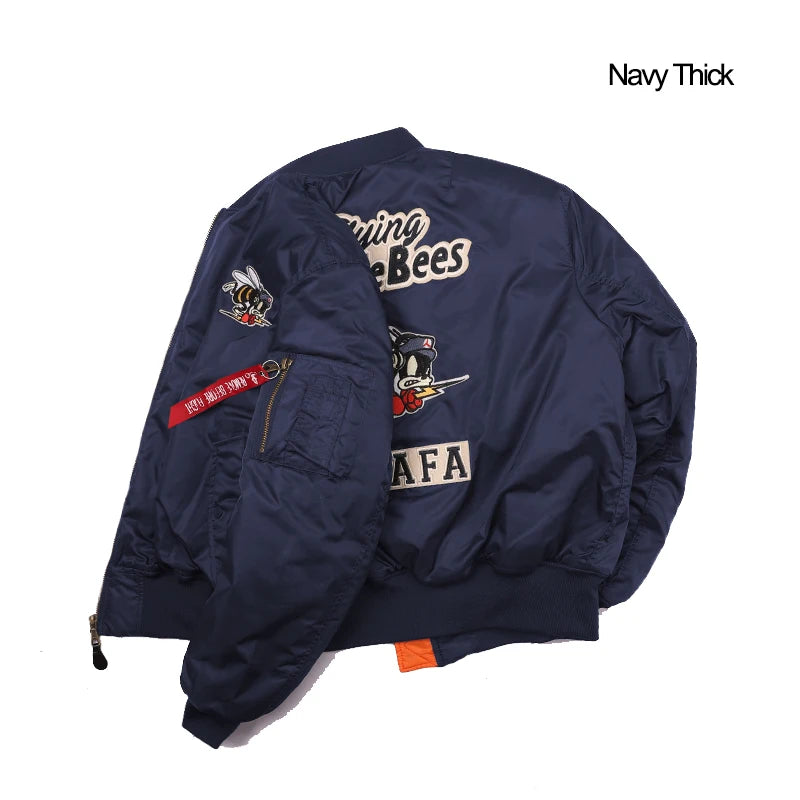 Giacca Bomber Da Uomo Invernale Con Patch Ricamato Bumble Bees Forza Aerea Pilota Calda E Imbottita
