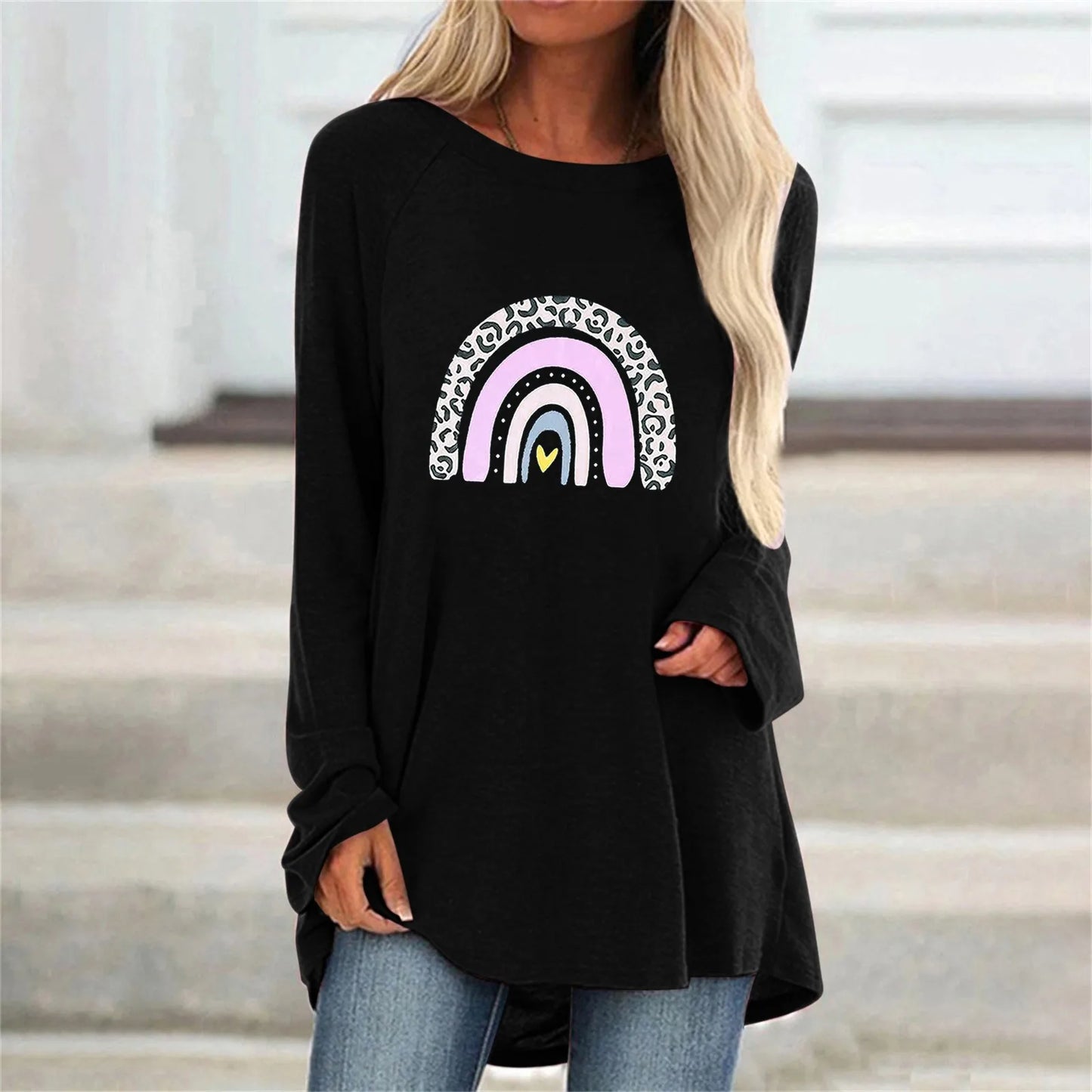 Maglietta Donna Collo O Cuore 3D Stampato Allentata Maniche Lunghe Harajuku Pullover Grandi Dimensioni