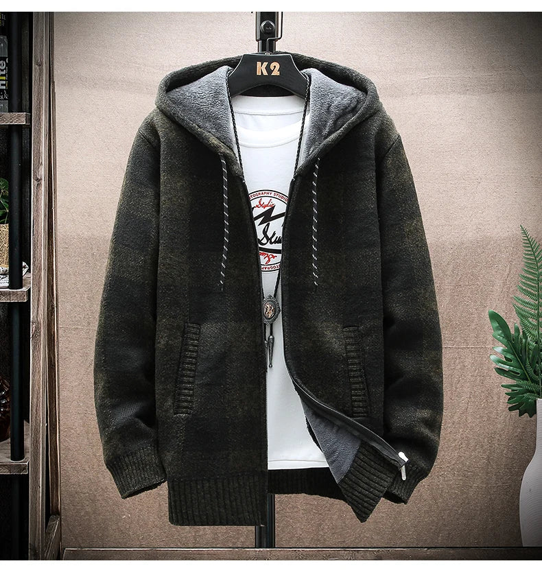 Nuovo Maglione Scozzese Invernale Da Uomo Cardigan Con Cappuccio Cerniera Giacca In Lana Calda Autunno In Pile Quadretti