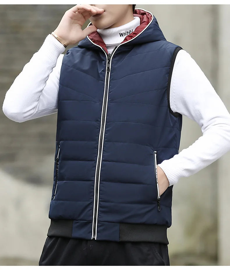 Gilet Reversibile Da Uomo Imbottito Senza Maniche In Cotone Con Cappuccio E Colletto Mandarino 2 In 1 Parka VT 276