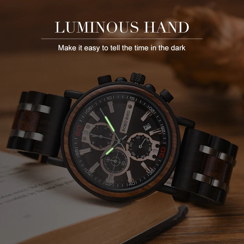 Orologio In Legno Da Uomo Cronografo Luxury Top Brand Elegante Con Scatola Di Legno Logo Personalizzato Regalo Ideale