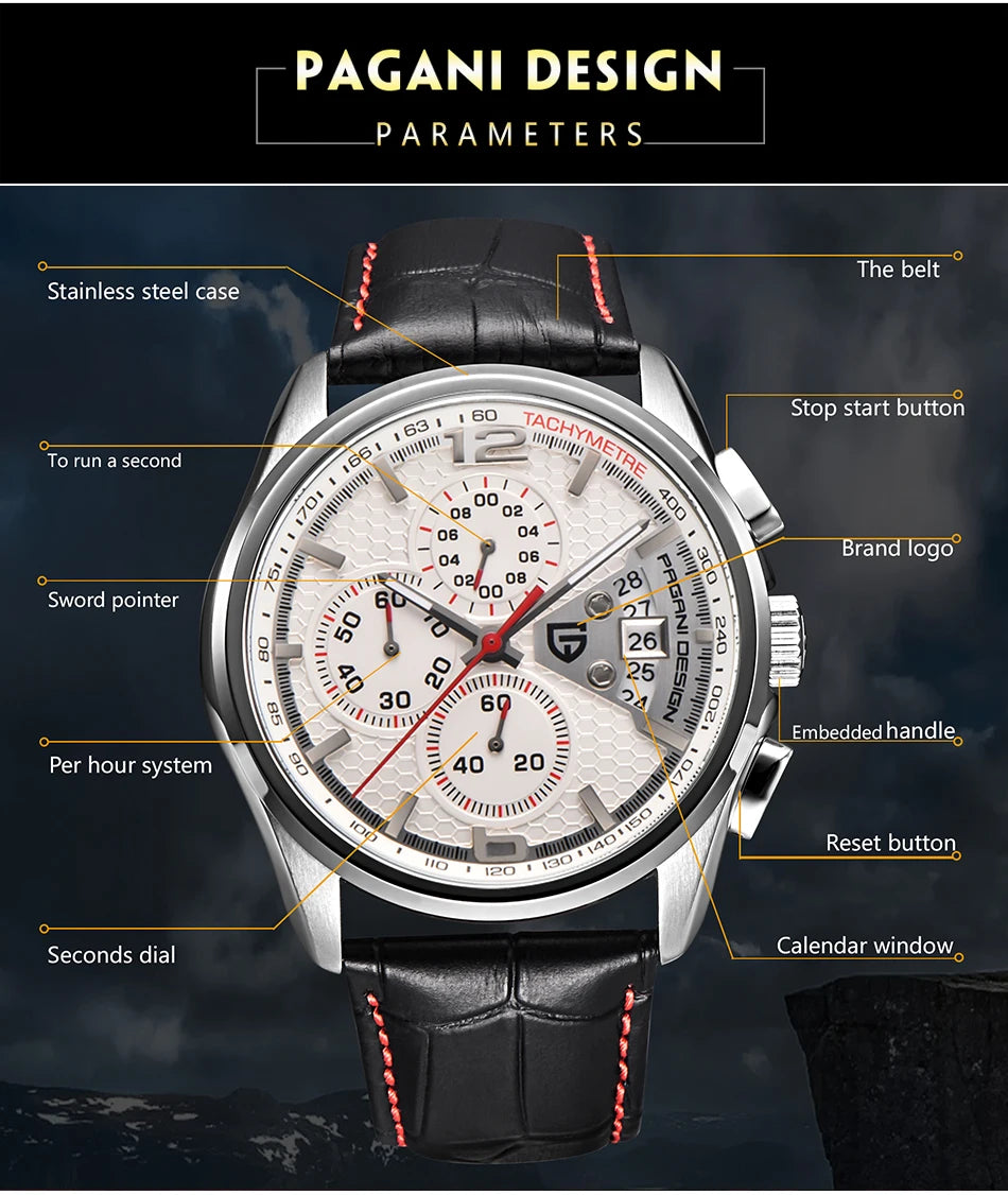 Orologio Da Uomo Pagani Design Cronografo Lusso Sport Quarzo Resistente All Acqua 30m Modello PD 3306