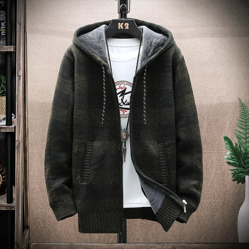 Nuovo Maglione Scozzese Invernale Da Uomo Cardigan Con Cappuccio Cerniera Giacca In Lana Calda Autunno In Pile Quadretti