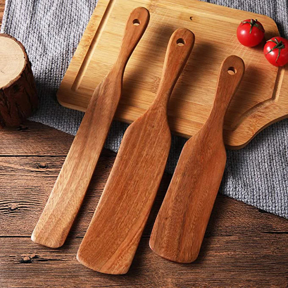 Set Da 5 Pezzi Di Spatole Scanalate In Teak Naturale Per Mescolare Utensili Da Cucina In Legno Resistente Al Calore