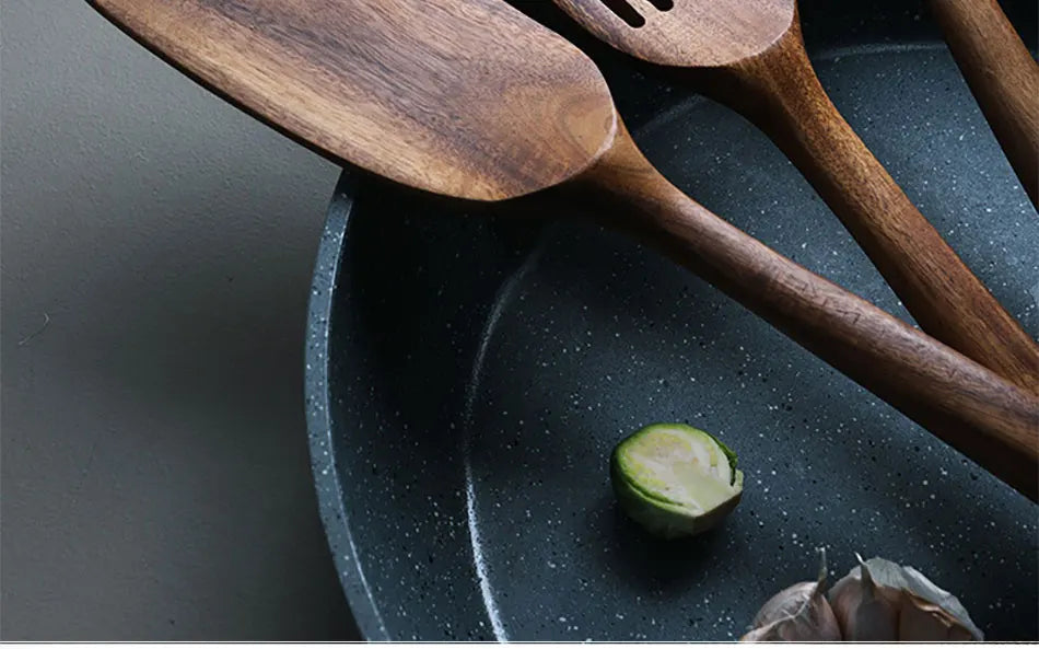 Set Da 5 Pezzi Di Spatole Scanalate In Teak Naturale Per Mescolare Utensili Da Cucina In Legno Resistente Al Calore