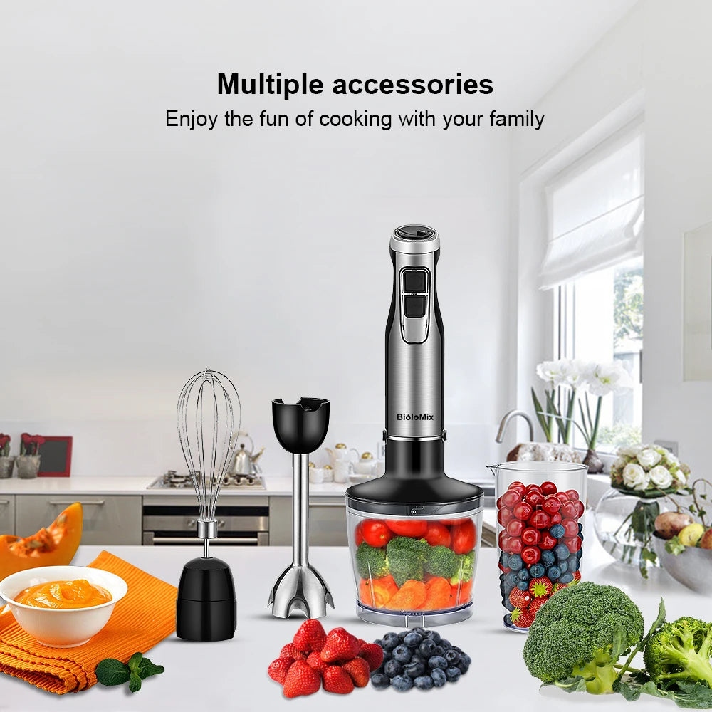 Frullatore A Immersione Biolomix 4 In 1 Ad Alta Potenza 1200 W Lame In Acciaio Inox Con Tazza Tritatutto E Frullato