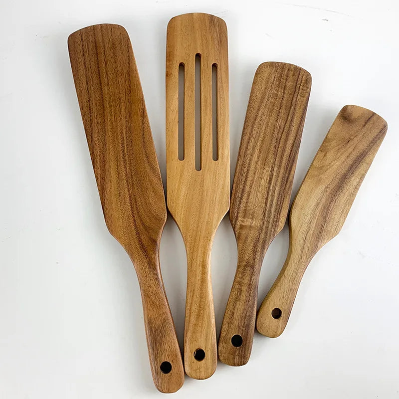 Set Da 5 Pezzi Di Spatole Scanalate In Teak Naturale Per Mescolare Utensili Da Cucina In Legno Resistente Al Calore