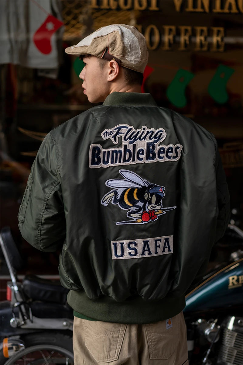 Giacca Bomber Da Uomo Invernale Con Patch Ricamato Bumble Bees Forza Aerea Pilota Calda E Imbottita