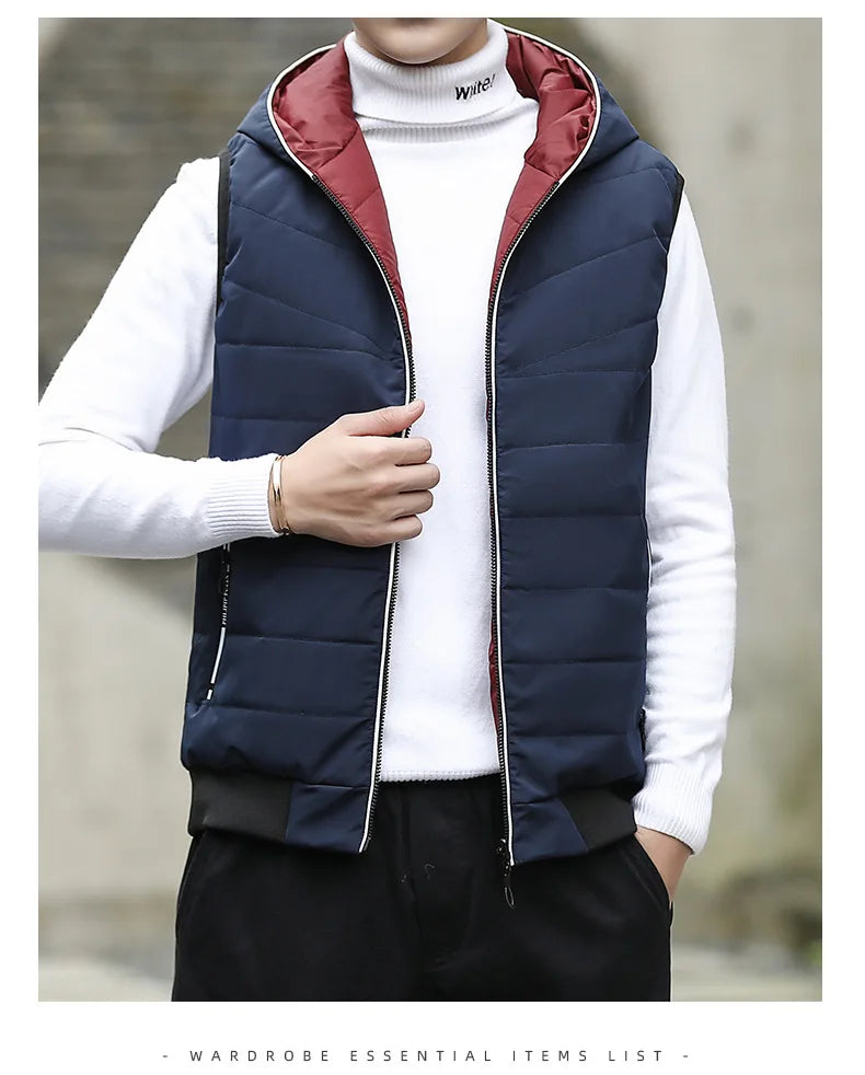 Gilet Reversibile Da Uomo Imbottito Senza Maniche In Cotone Con Cappuccio E Colletto Mandarino 2 In 1 Parka VT 276