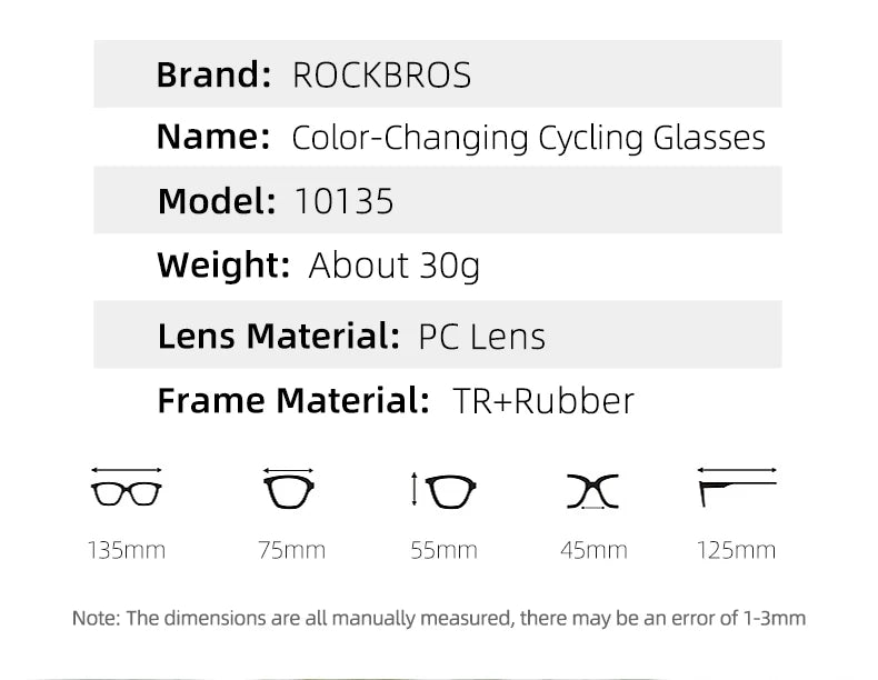 ROCKBROS Occhiali Da Ciclismo Fotocromatici UV400 Per Sport All Aperto Leggeri E Flessibili MTB