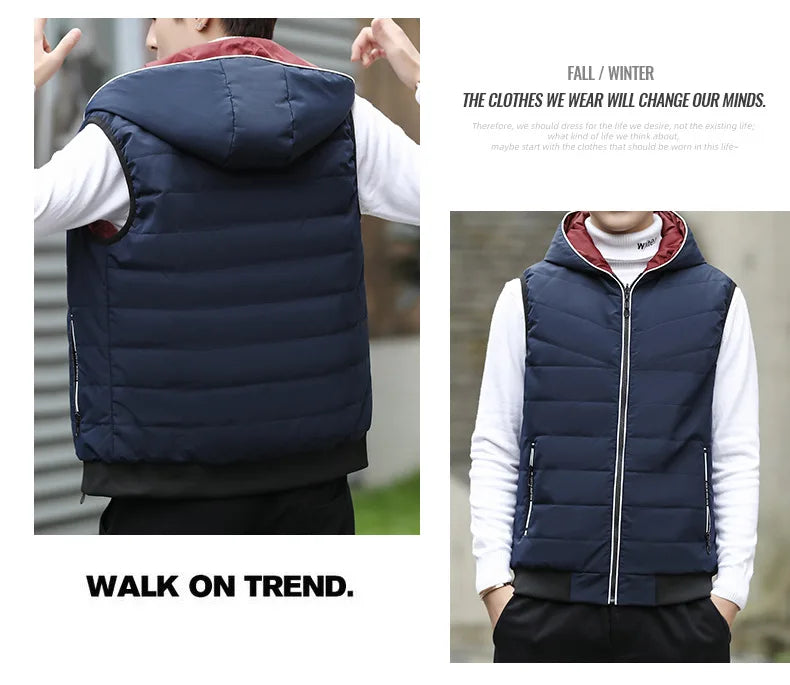Gilet Reversibile Da Uomo Imbottito Senza Maniche In Cotone Con Cappuccio E Colletto Mandarino 2 In 1 Parka VT 276